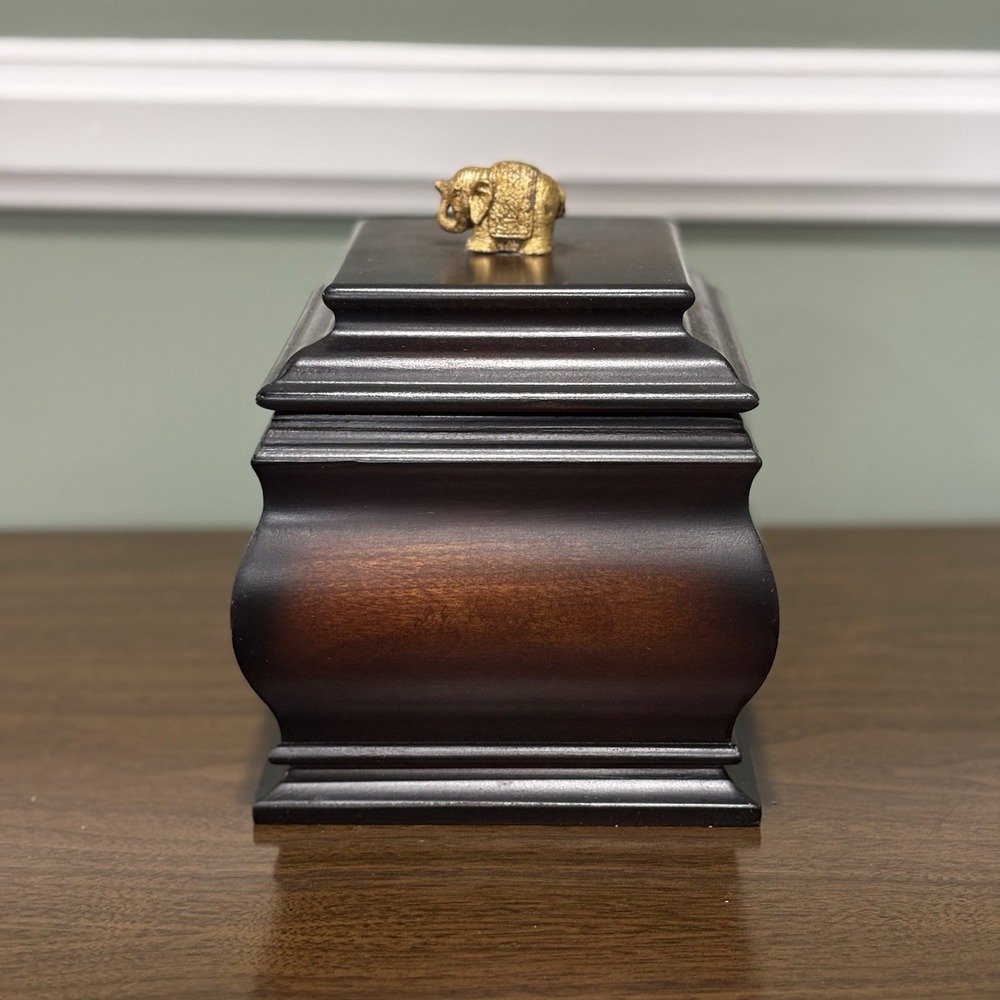 Vintage Dark Wooden Chest w/Hinge Lid & Brass Elephant Knob w/6 Cork Coasters